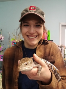 Holding a blue-tongued skink at the Nature Store.