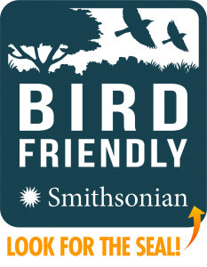 Image of the Bird Friendly coffee certification seal and text underneath reading "look for the seal"