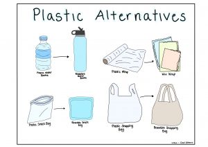 Image showing plastic alternatives, including: substitute a reusable water bottle for a single use plastic bottle; substitute wax paper wrap for plastic wrap; substitute a reusable snack bag for a single use plastic zip bag; substitute a reusable shopping bag for single use plastic bags