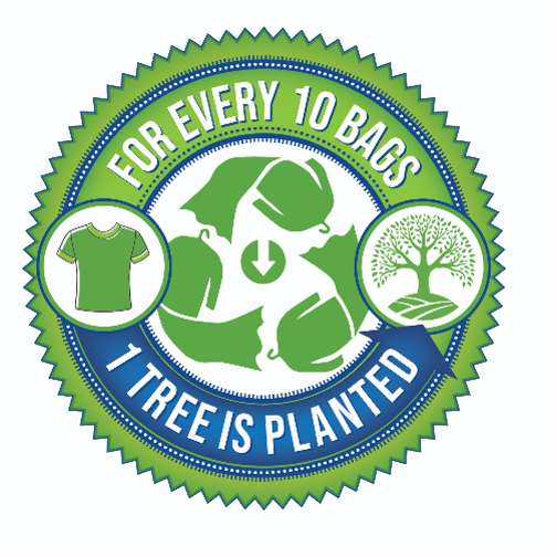 Graphic with the text "for every 10 bags, 1 tree is planted"