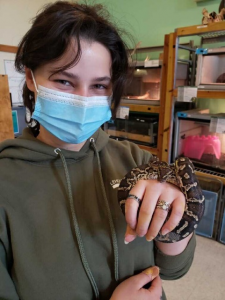 Photo of conservation educator Emily with a snake wrapped around her wrist