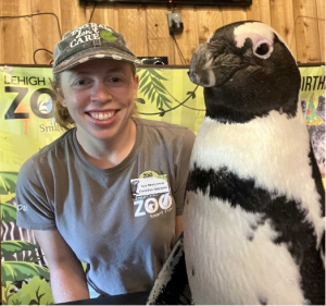 Photo of conservation educator Tara with an African penguin